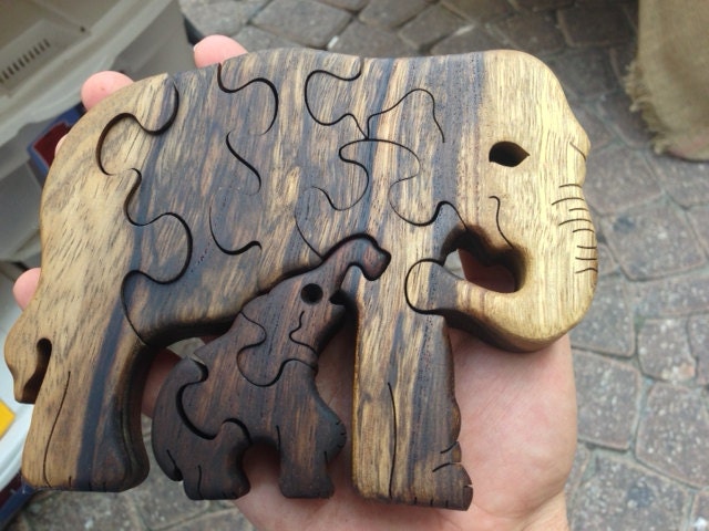 Handmade Elephant & Baby Puzzle - Wooden Interlocking Family Toy - Perfect Gift for Animal Lovers