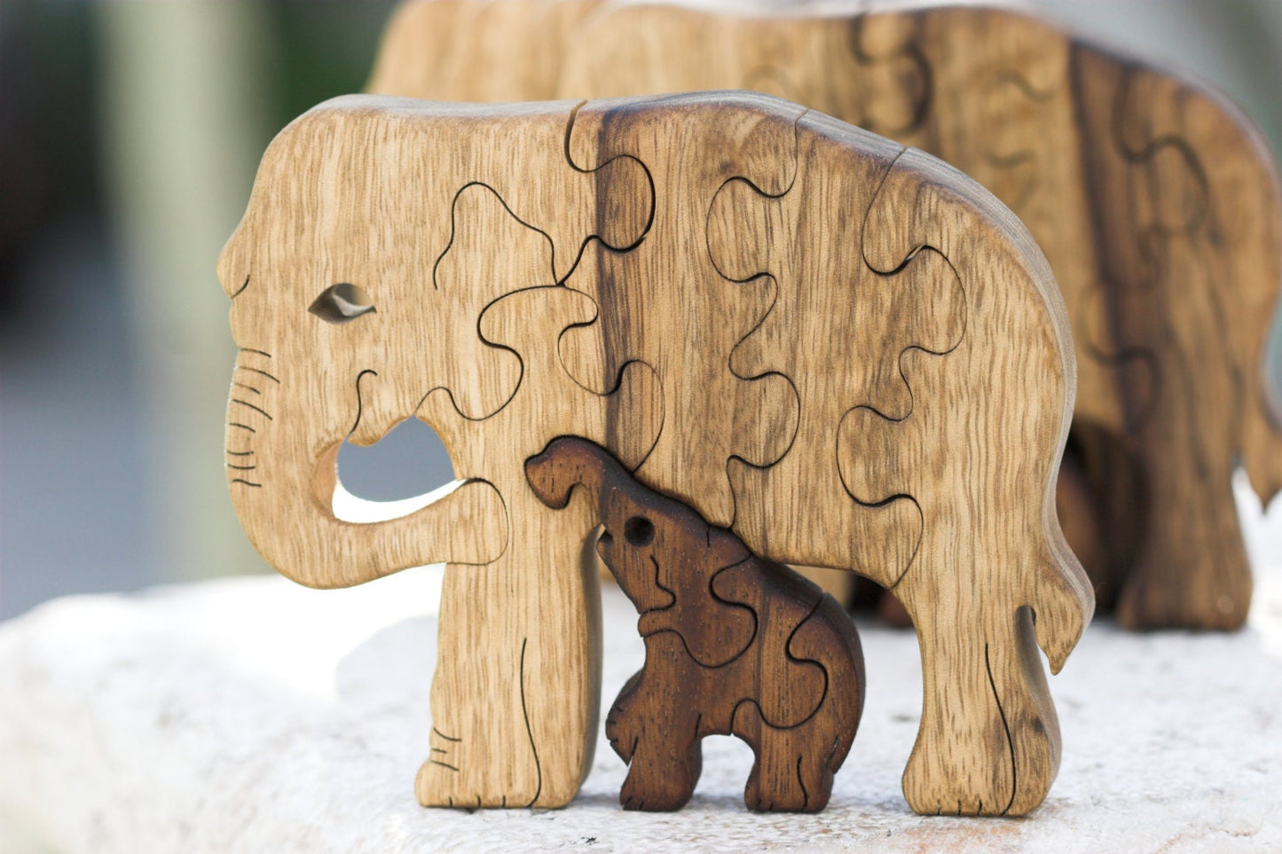 Handmade Elephant & Baby Puzzle - Wooden Interlocking Family Toy - Perfect Gift for Animal Lovers