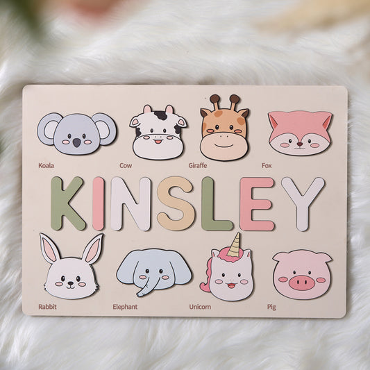 Customizable wooden puzzle - personalized name puzzle for toddlers - educational toy with cute and colorful animals