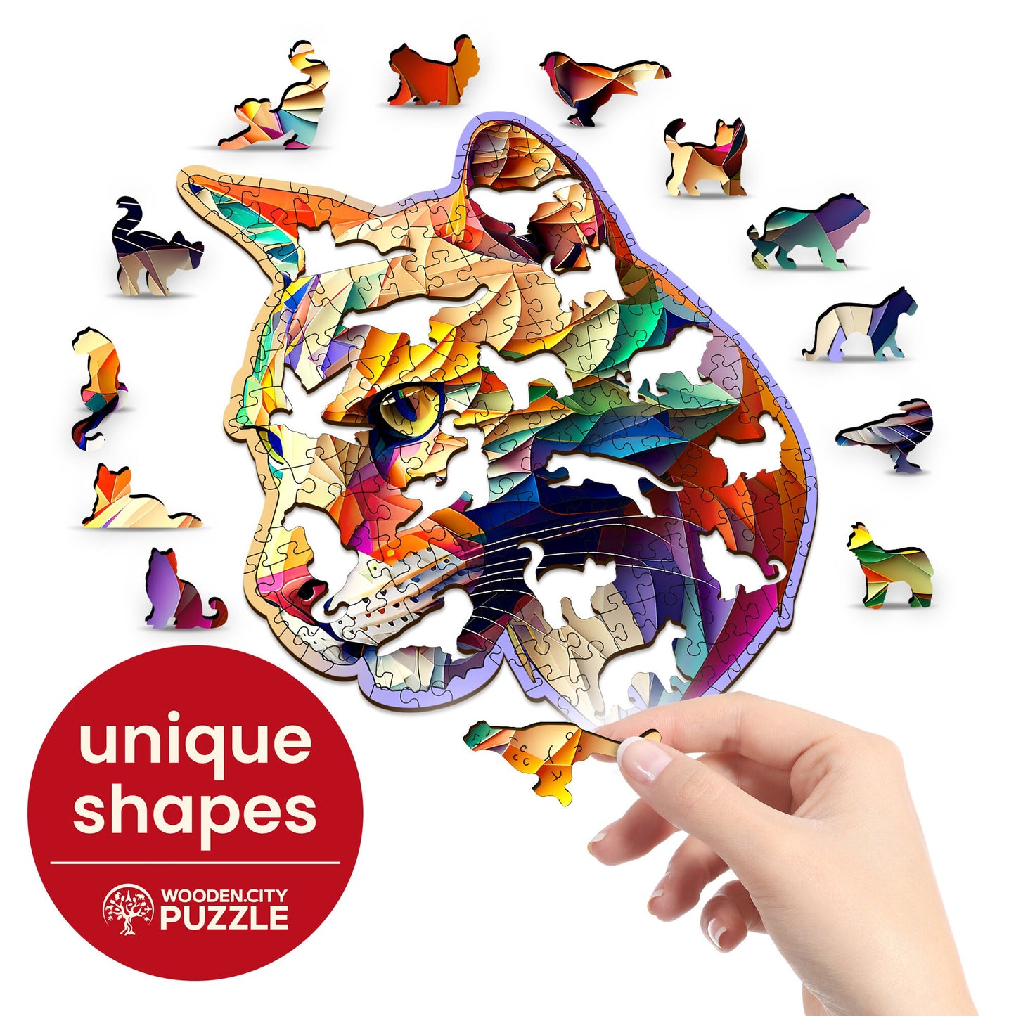 Wooden Puzzle Gaudy Cougar 150 Pieces - Unique Unusual Jigsaw Puzzles with Animal Shaped Pieces - Wooden.City