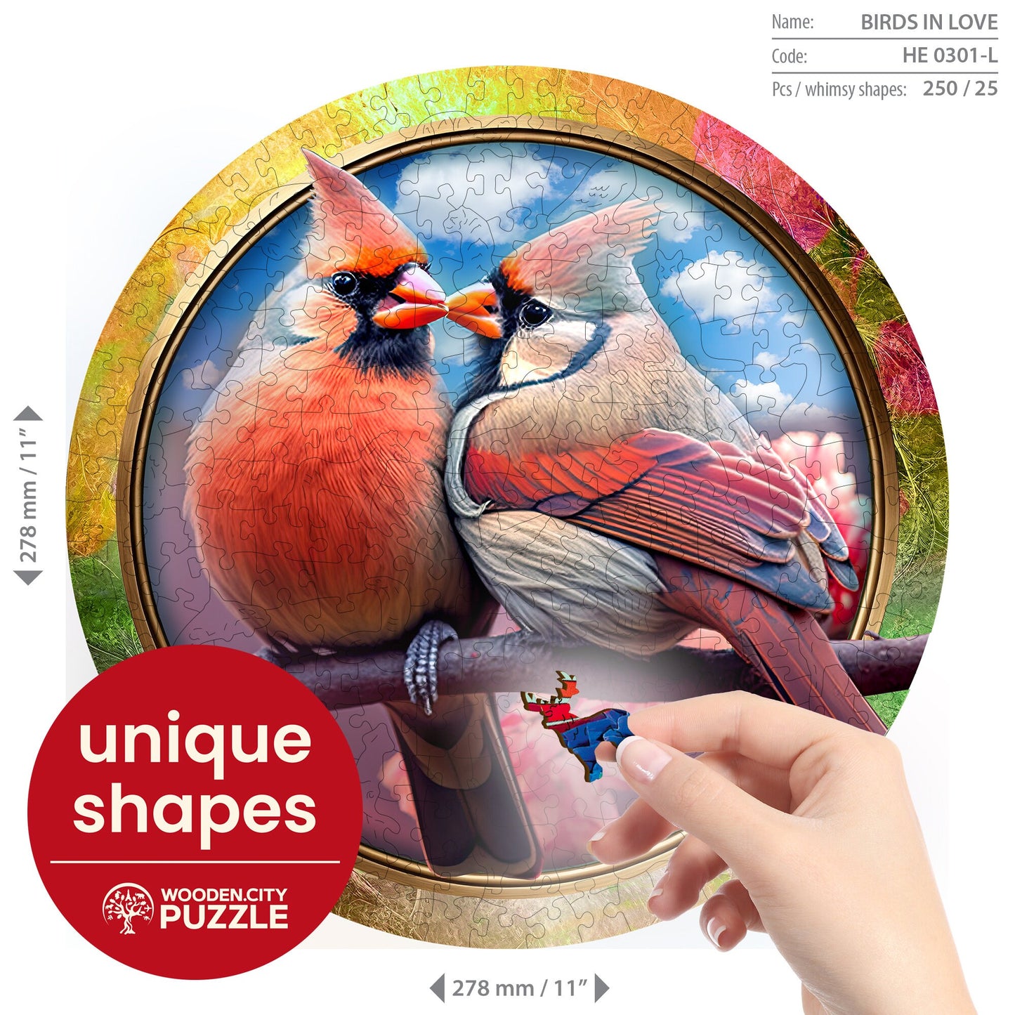 Wooden Puzzle Birds in Love 250 Pieces - Unique Unusual Jigsaw Puzzles with Animal Shaped Pieces - Wooden.City