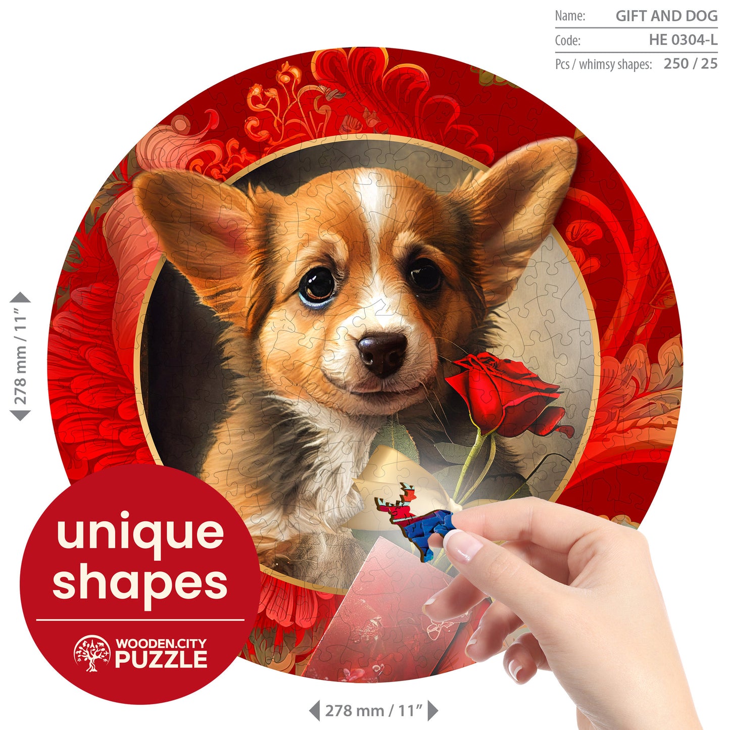 Wooden Puzzle Gift and Dog 250 Pieces - Unique Unusual Jigsaw Puzzles with Animal Shaped Pieces - Wooden.City