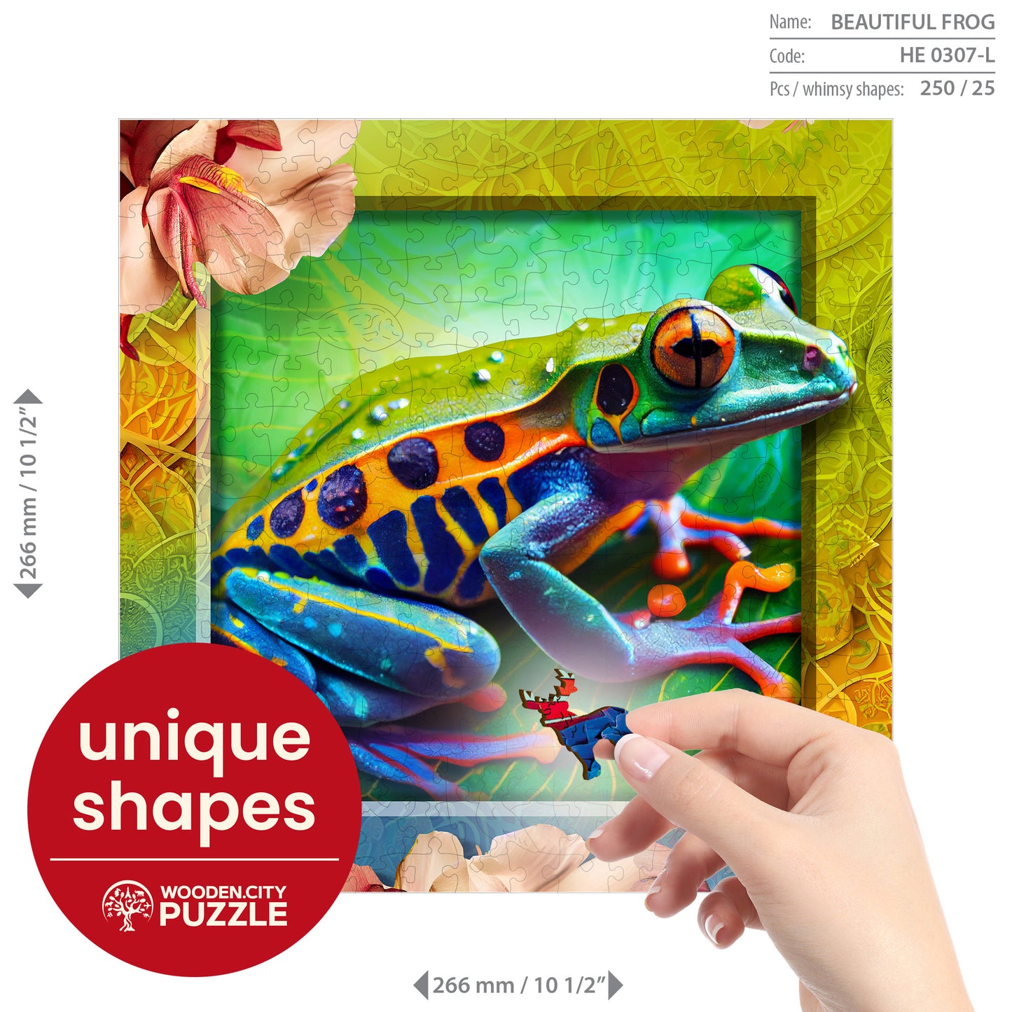 Wooden Puzzle Colorful Frog 250 Pieces - Unique Unusual Jigsaw Puzzles with Animal Shaped Pieces - Wooden.City