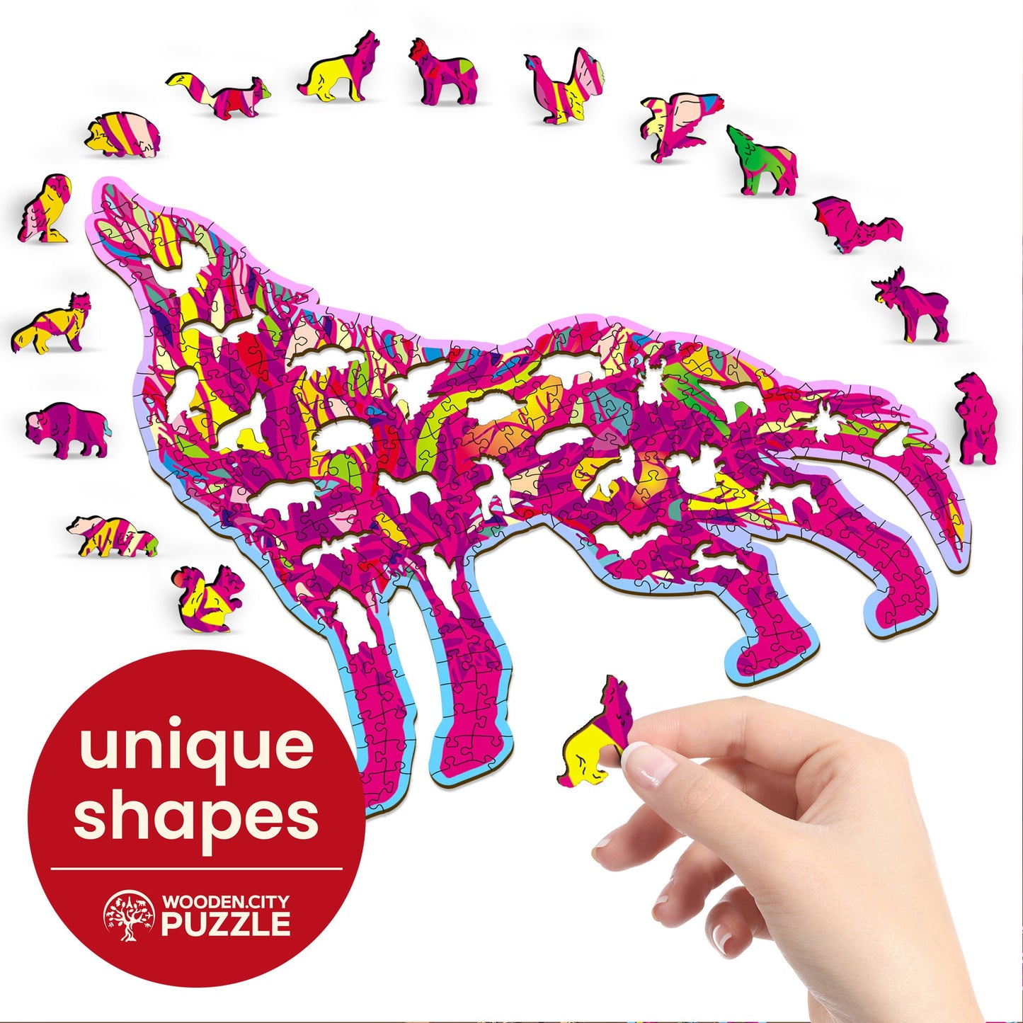 Wooden Puzzle Howling Wolf 250 Pieces - Unique Unusual Jigsaw Puzzles with Animal Shaped Pieces - Wooden.City