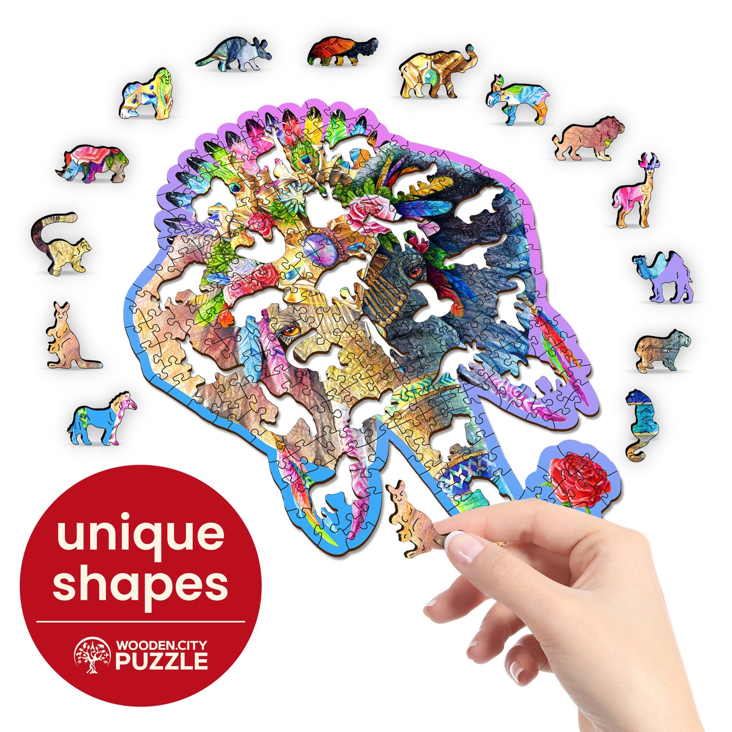 Wooden Puzzle Elegant Elephant 250 Pieces - Unique Unusual Jigsaw Puzzles with Animal Shaped Pieces - Wooden.City