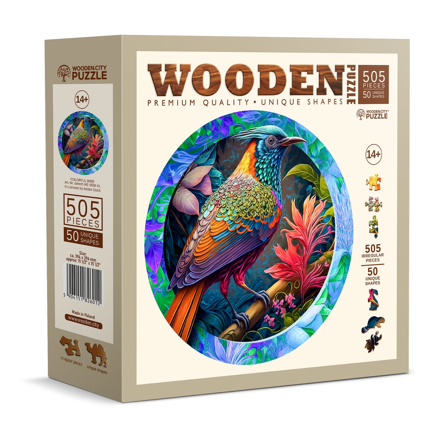 Wooden Puzzle Colorful Bird 500 Pieces - Unique Unusual Jigsaw Puzzles with Animal Shaped Pieces - Wooden.City