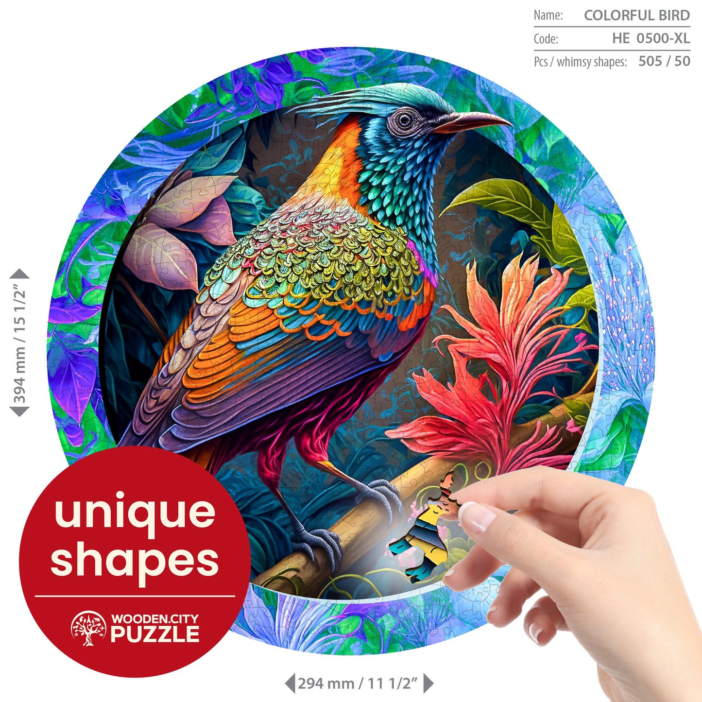 Wooden Puzzle Colorful Bird 500 Pieces - Unique Unusual Jigsaw Puzzles with Animal Shaped Pieces - Wooden.City