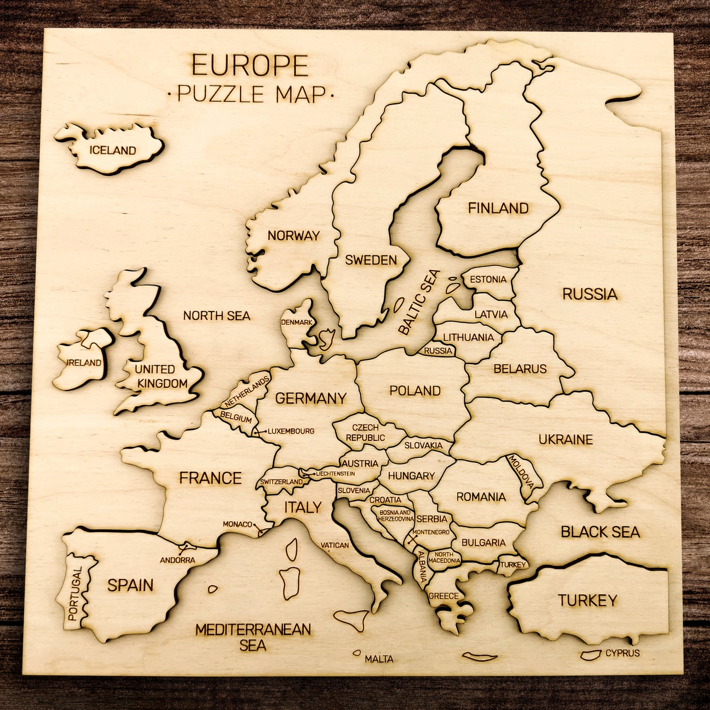 Map of Europe Wooden Puzzle, Engraved Continent Educational Toy, Laser cut Learn Geography Kid/Adult Game, New Home Decor Gift for Teacher