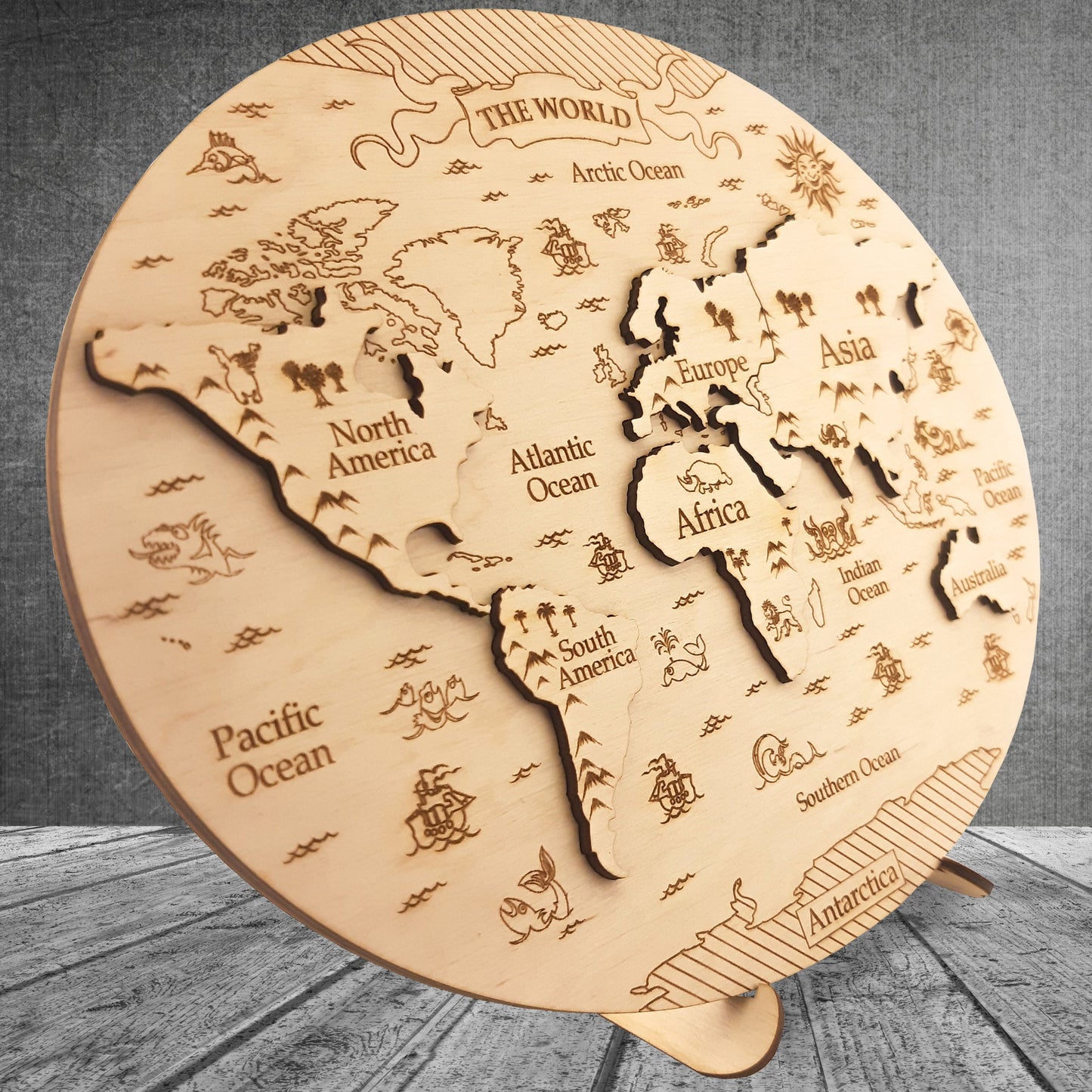 World Map Puzzle - Wooden Montessori Toy, Continents & Oceans Engraved Geographic Game for Kid/Adult, Rustic Home Decor Educational Gift