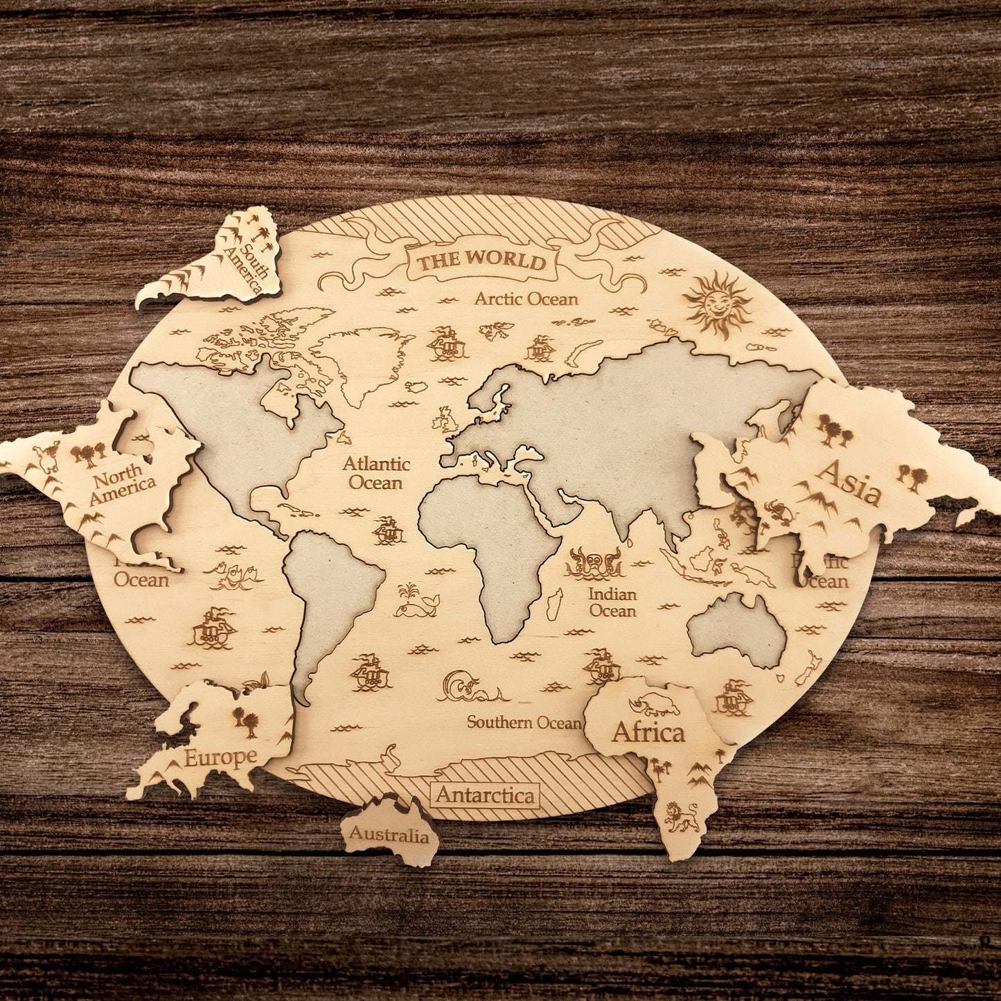 World Map Puzzle - Wooden Montessori Toy, Continents & Oceans Engraved Geographic Game for Kid/Adult, Rustic Home Decor Educational Gift