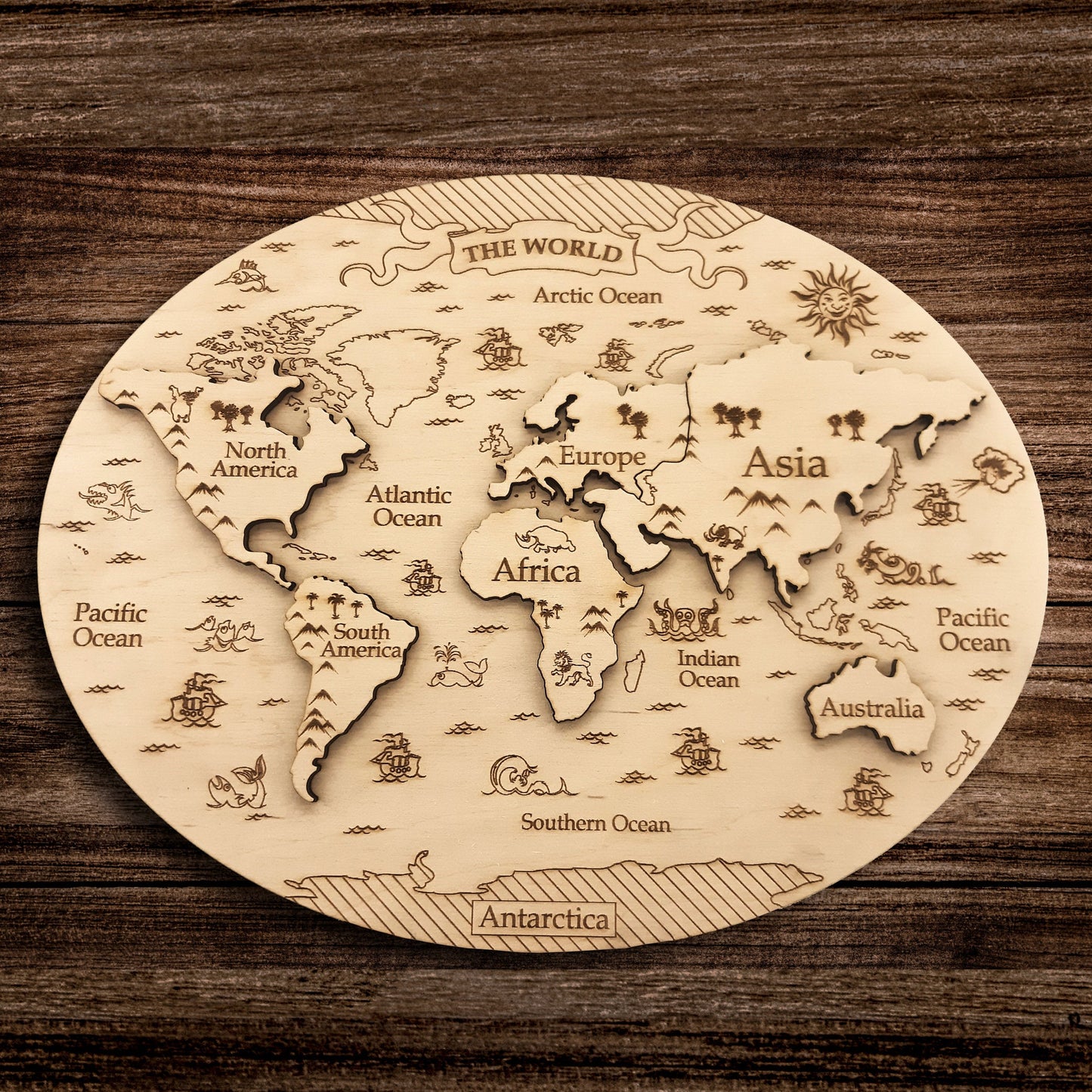 World Map Puzzle - Wooden Montessori Toy, Continents & Oceans Engraved Geographic Game for Kid/Adult, Rustic Home Decor Educational Gift