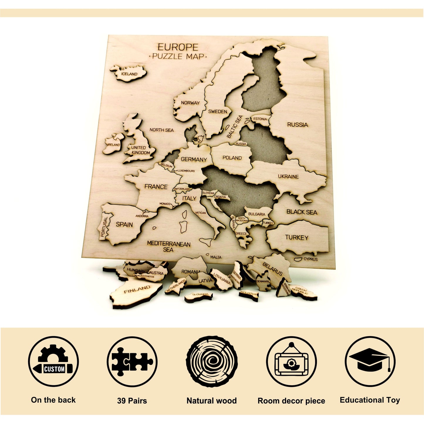 Map of Europe Wooden Puzzle, Engraved Continent Educational Toy, Laser cut Learn Geography Kid/Adult Game, New Home Decor Gift for Teacher