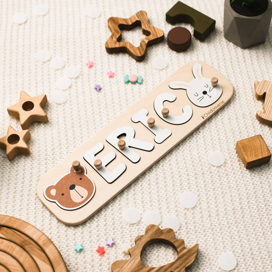 Personalized Name Puzzle With Animals, Wood Montessori Toys, Baby Gift, Custom Gift for Kids, 1st Birthday, Woodland Name Puzzle