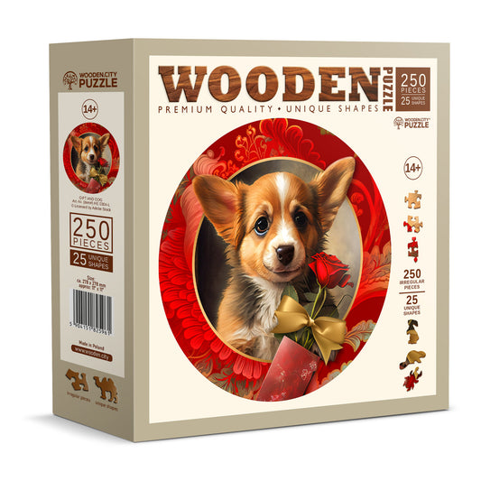 Wooden Puzzle Gift and Dog 250 Pieces - Unique Unusual Jigsaw Puzzles with Animal Shaped Pieces - Wooden.City