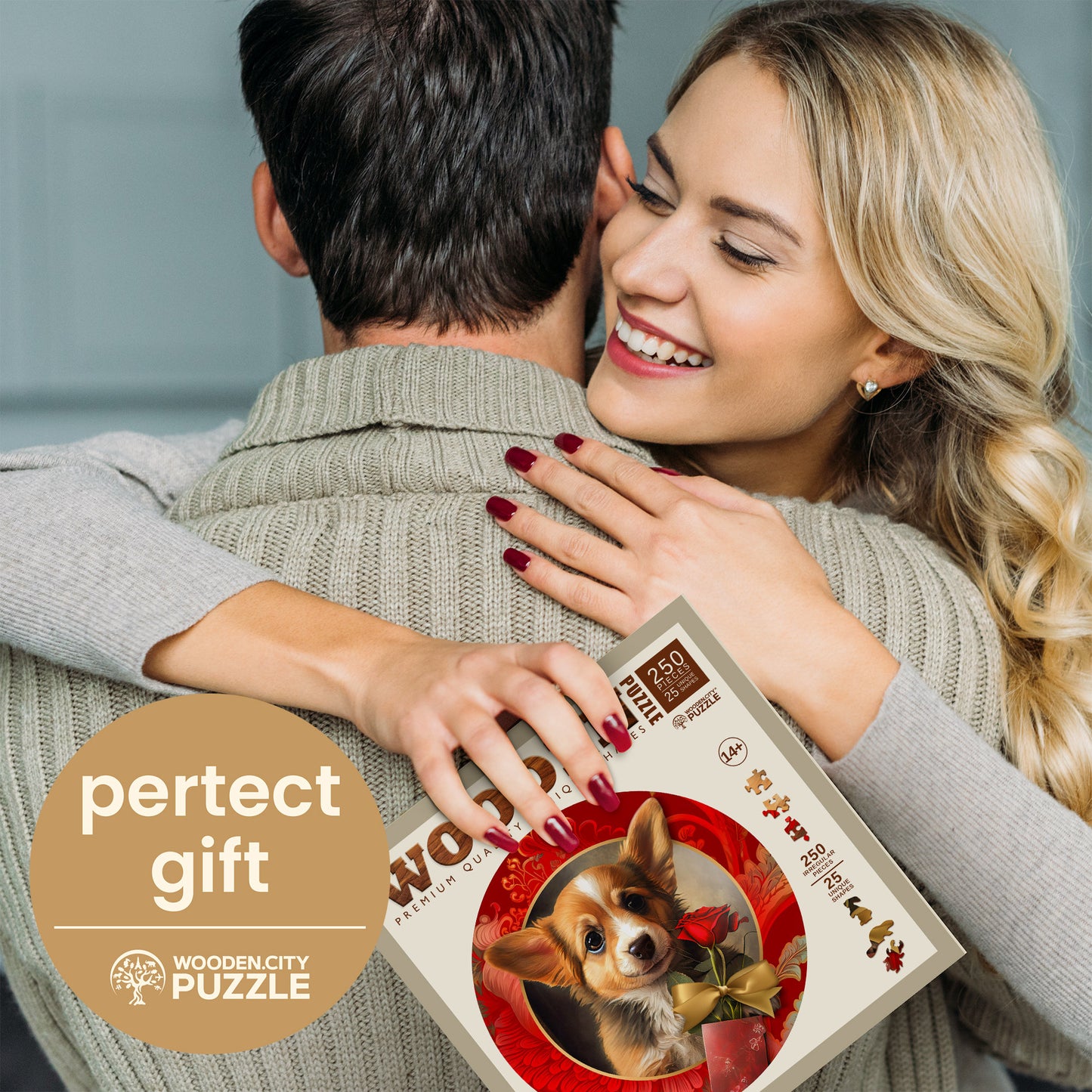 Wooden Puzzle Gift and Dog 250 Pieces - Unique Unusual Jigsaw Puzzles with Animal Shaped Pieces - Wooden.City