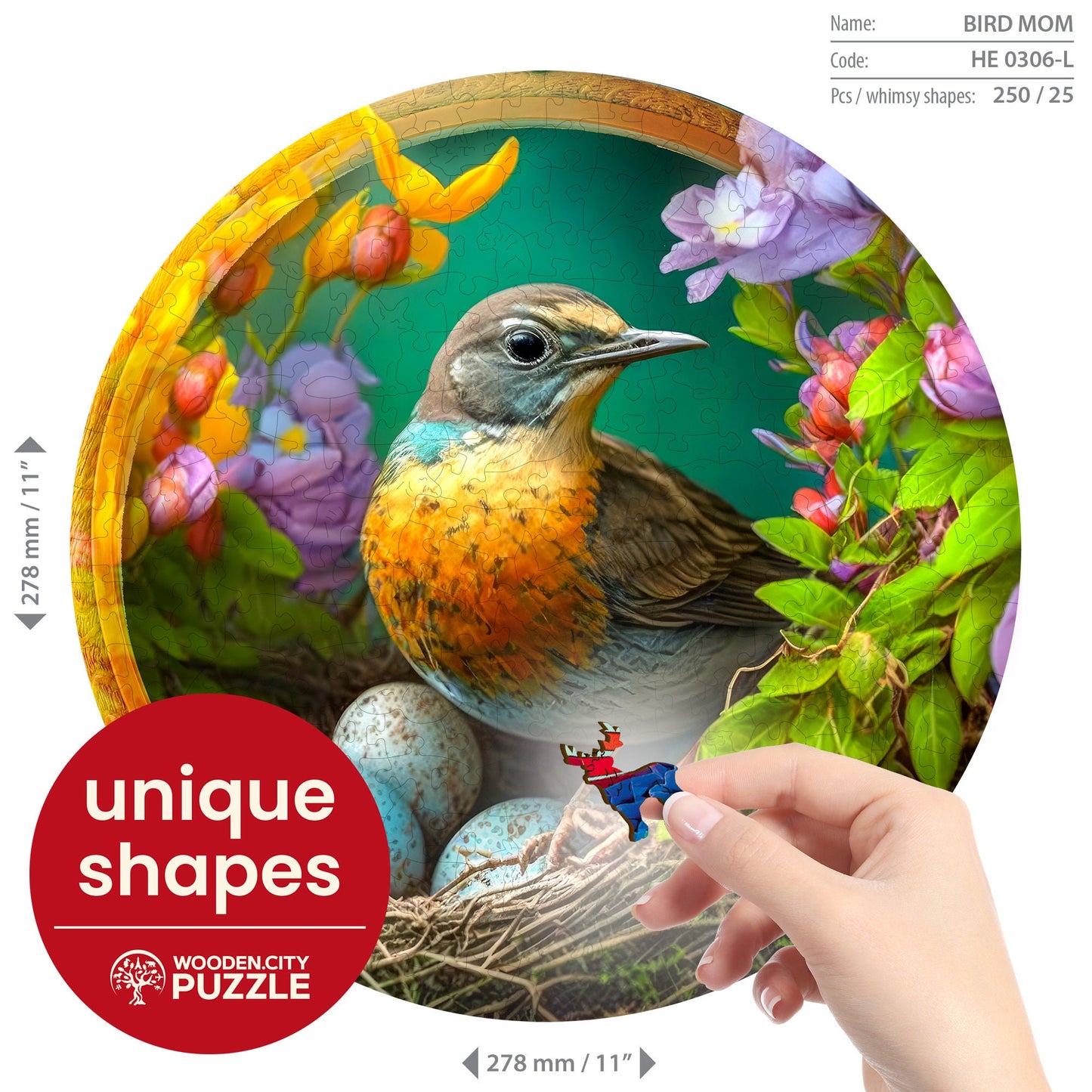 Wooden Puzzle A Mother's Love in Bloom 250 Pieces - Unique Unusual Jigsaw Puzzles with Animal Shaped Pieces - Wooden.City