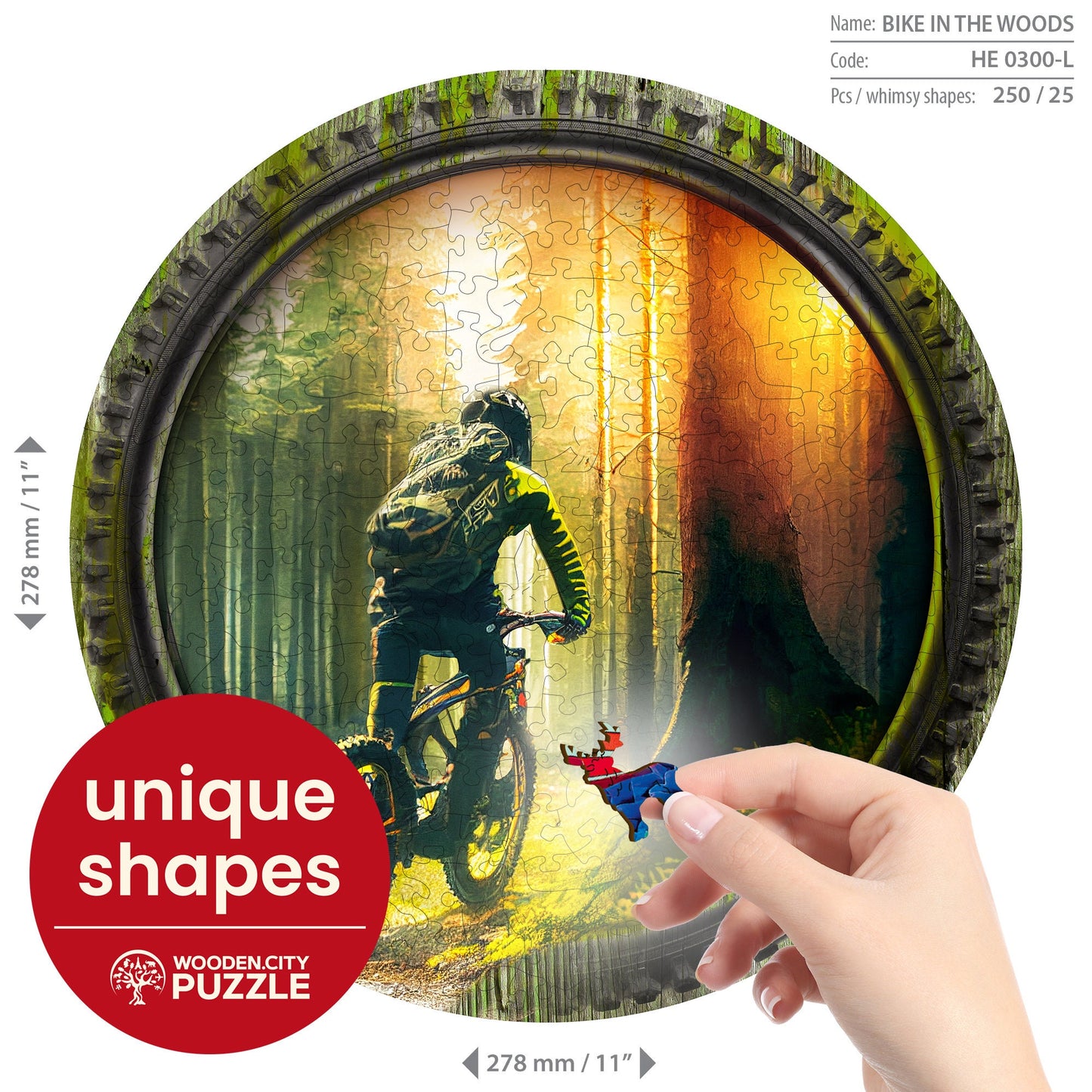 Wooden Puzzle Bike in The Woods 250 Pieces - Unique Unusual Jigsaw Puzzles with Animal Shaped Pieces - Wooden.City