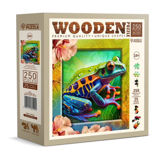 Wooden Puzzle Colorful Frog 250 Pieces - Unique Unusual Jigsaw Puzzles with Animal Shaped Pieces - Wooden.City