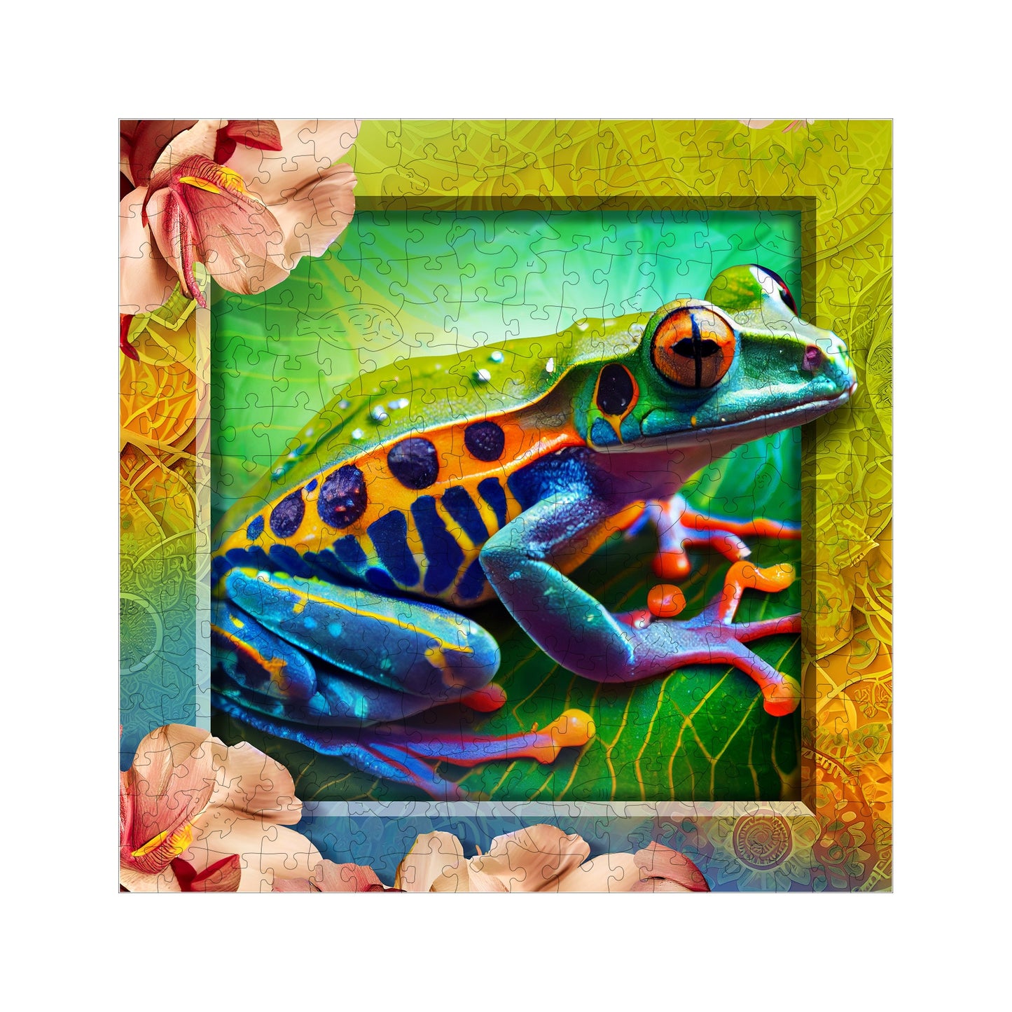 Wooden Puzzle Colorful Frog 250 Pieces - Unique Unusual Jigsaw Puzzles with Animal Shaped Pieces - Wooden.City