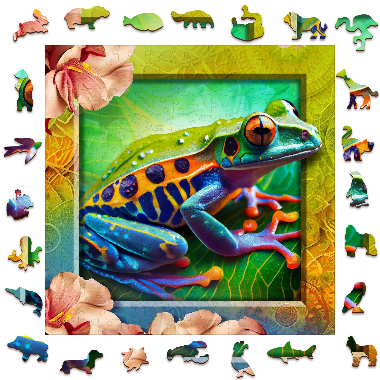 Wooden Puzzle Colorful Frog 250 Pieces - Unique Unusual Jigsaw Puzzles with Animal Shaped Pieces - Wooden.City