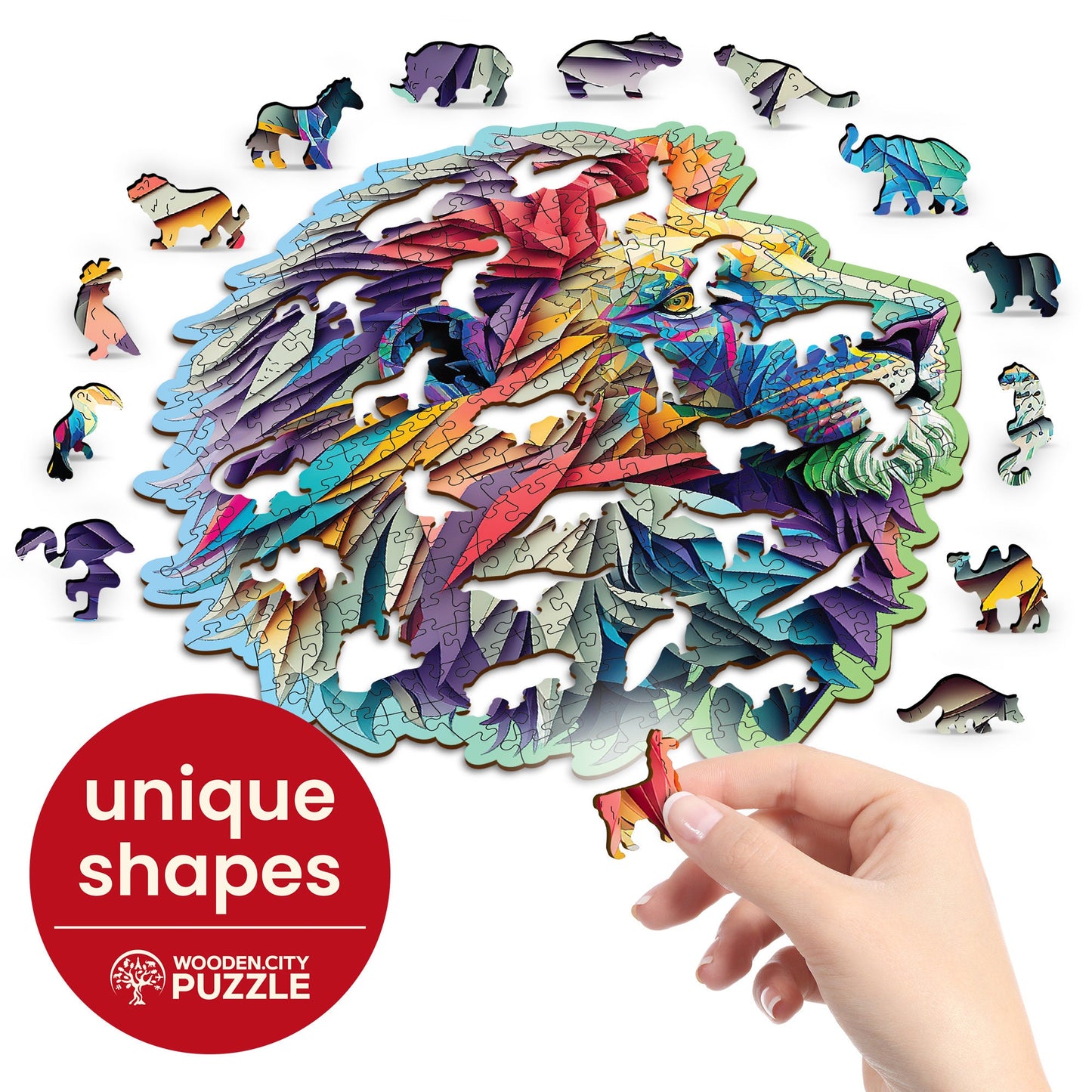 Wooden Puzzle Modern Lion 250 Pieces - Unique Unusual Jigsaw Puzzles with Animal Shaped Pieces - Wooden.City