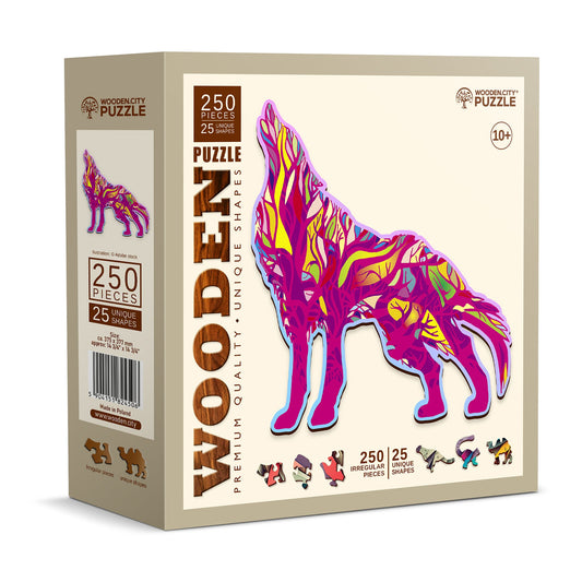 Wooden Puzzle Howling Wolf 250 Pieces - Unique Unusual Jigsaw Puzzles with Animal Shaped Pieces - Wooden.City