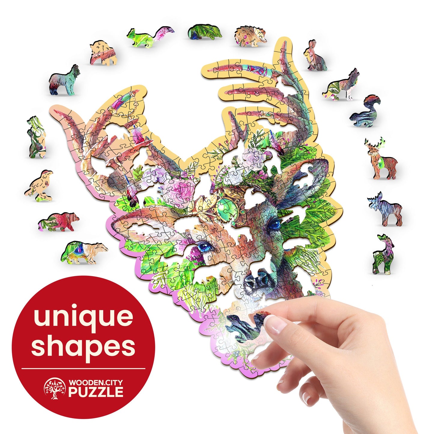 Wooden Puzzle Modish Deer 250 Pieces - Unique Unusual Jigsaw Puzzles with Animal Shaped Pieces - Wooden.City