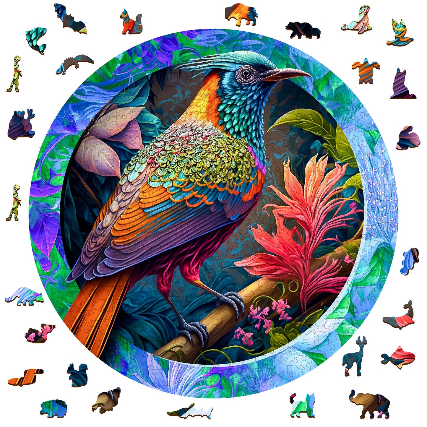 Wooden Puzzle Colorful Bird 500 Pieces - Unique Unusual Jigsaw Puzzles with Animal Shaped Pieces - Wooden.City