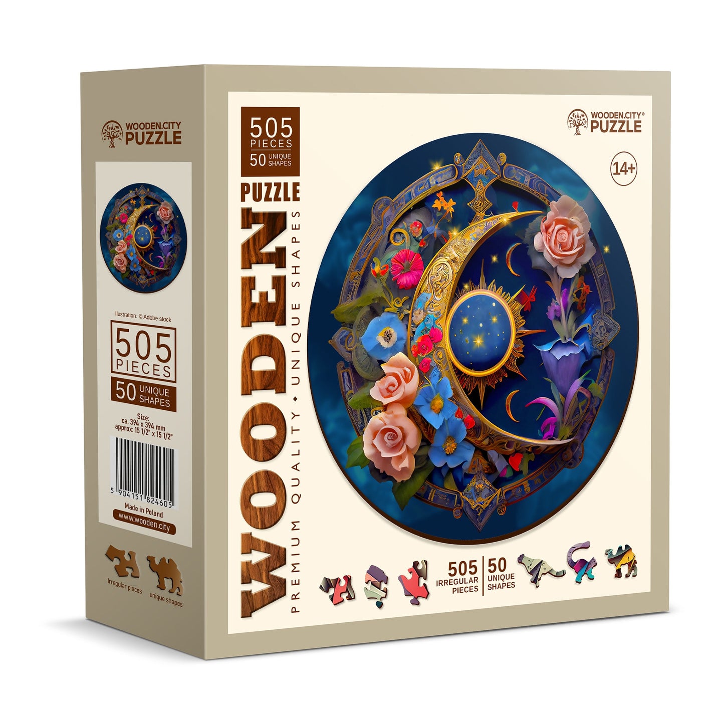 Wooden Puzzle Flower Moon 500 Pieces - Unique Unusual Jigsaw Puzzles with Animal Shaped Pieces - Wooden.City