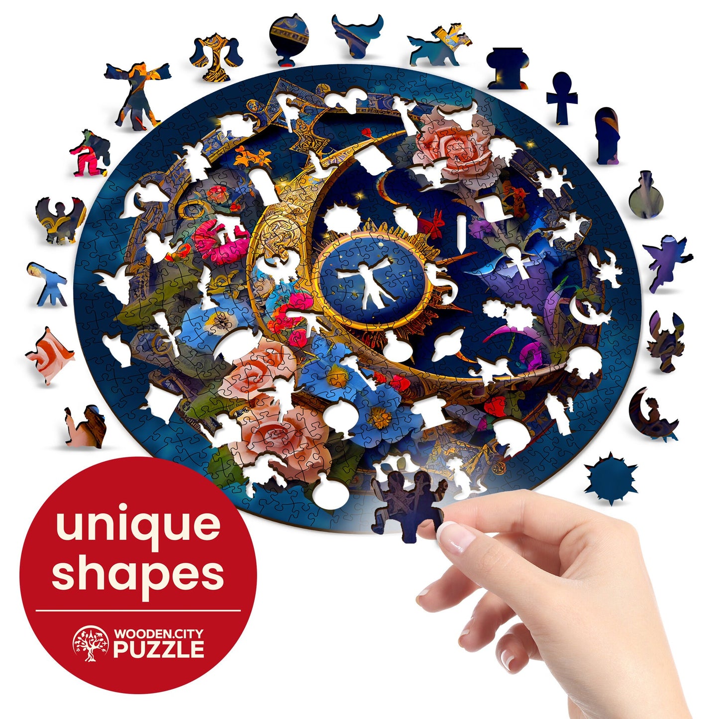 Wooden Puzzle Flower Moon 500 Pieces - Unique Unusual Jigsaw Puzzles with Animal Shaped Pieces - Wooden.City