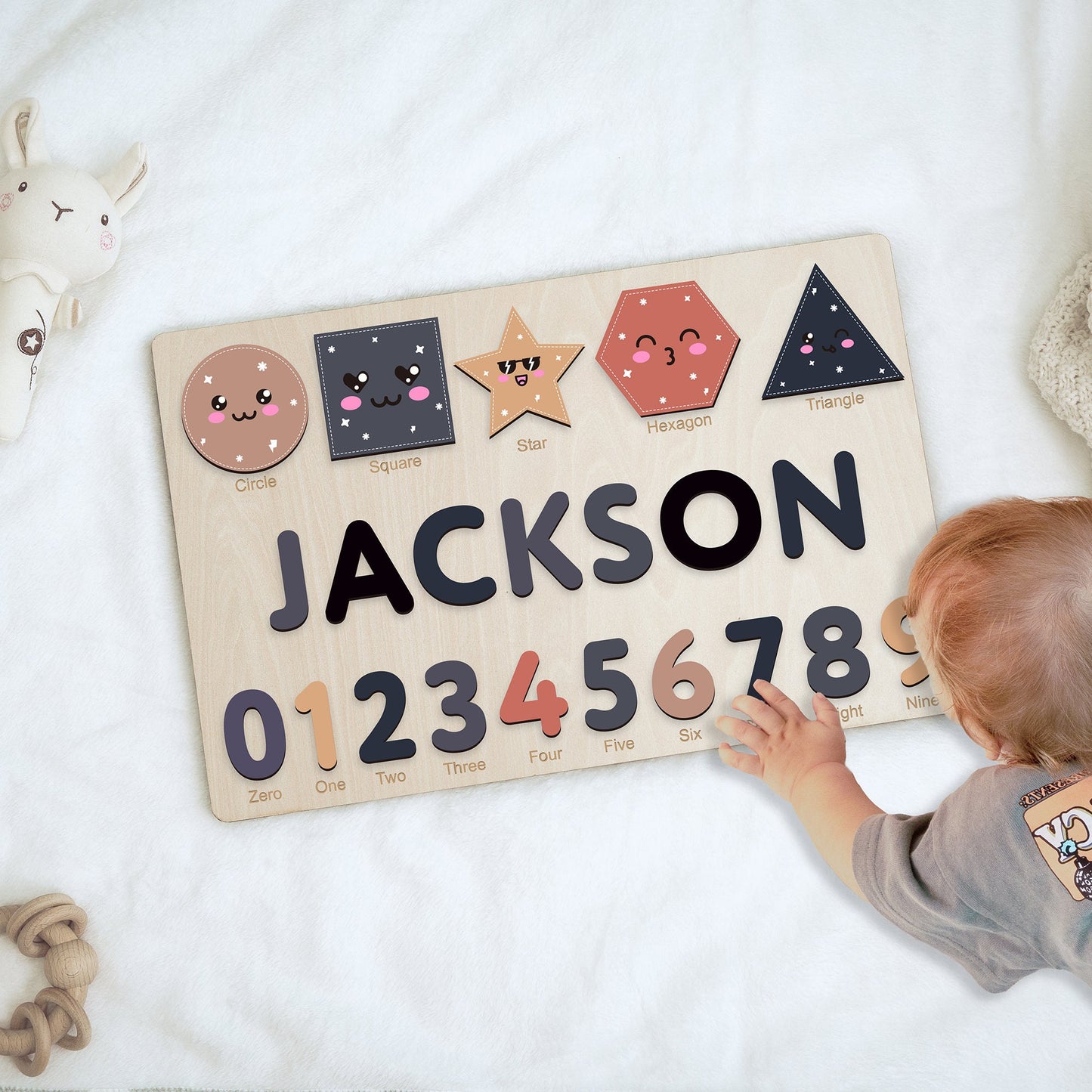 Personalized Name Puzzle with Shapes and Numbers, Custom Name Puzzle Baby, Wooden Name Puzzle, Baby Shower Gift, Name Puzzle For Toddler