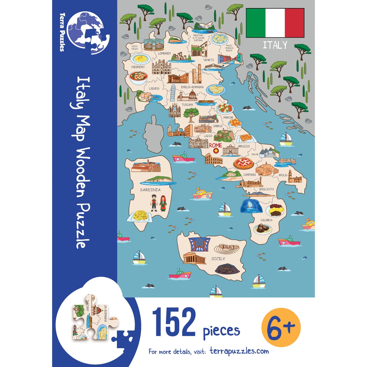 Colorful Italy Illustrated Wooden Map Jigsaw Puzzle for Children and Adults - 152-Piece - Holiday Italian Map Board Games Gift Ideas.