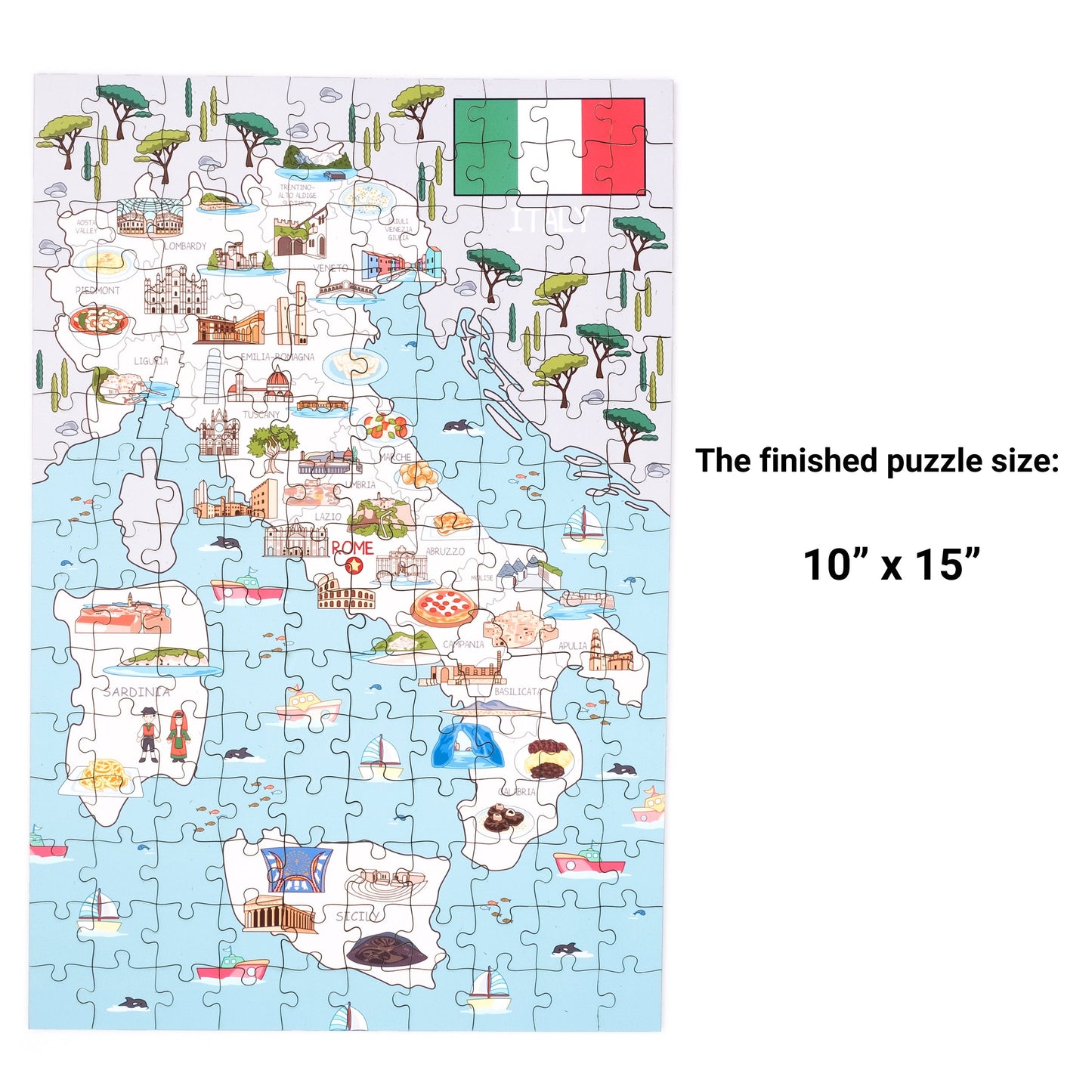 Colorful Italy Illustrated Wooden Map Jigsaw Puzzle for Children and Adults - 152-Piece - Holiday Italian Map Board Games Gift Ideas.