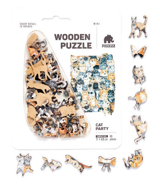 Jigsaw Puzzle Pocket size 40 pcs  - Cat Party - Gift for Cat Lovers, Puzzles for adults and kids, size 4.3 x 3.5 in, Mother's Day Gift Idea!