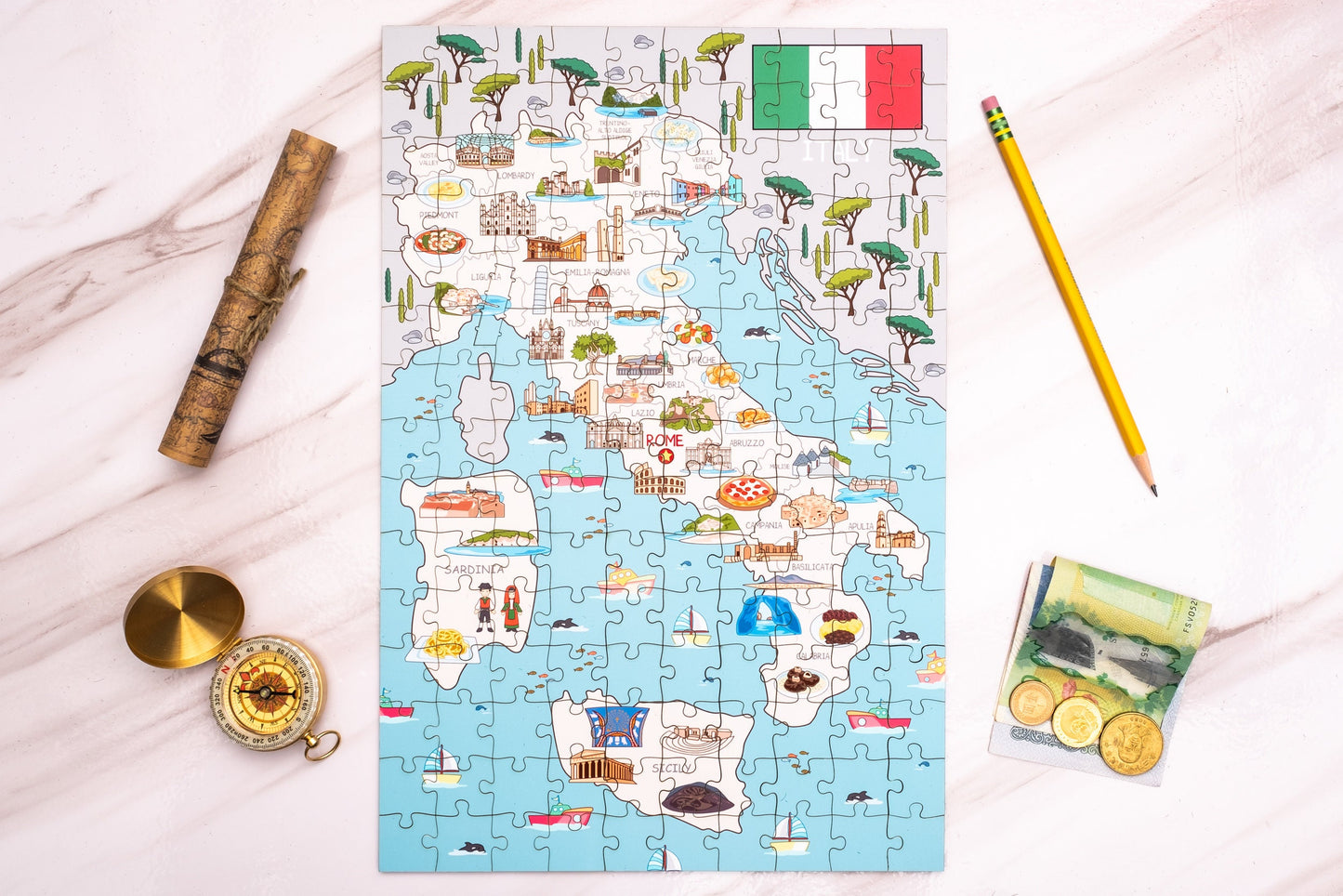 Colorful Italy Illustrated Wooden Map Jigsaw Puzzle for Children and Adults - 152-Piece - Holiday Italian Map Board Games Gift Ideas.