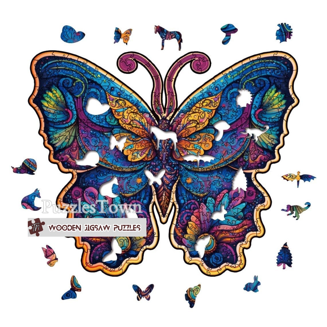 Blue Green Elegant Butterfly Wooden Puzzles with Wood Box Packaging, Butterfly Jigsaw Puzzles for Her Girls Wife Girlfriend Bestie Gift Idea