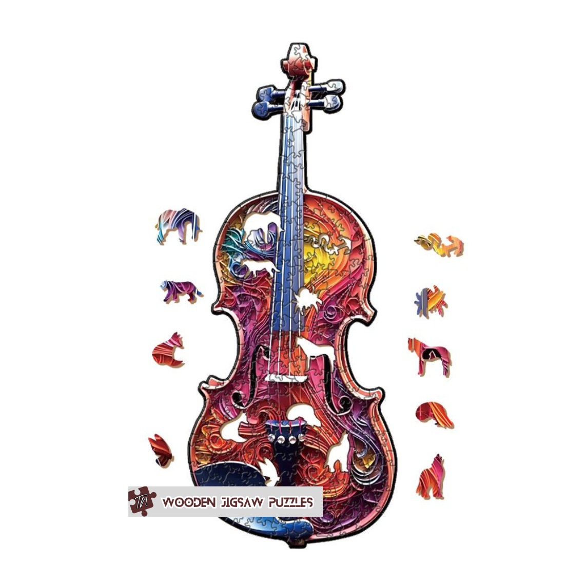 Violin Wooden Jigsaw Puzzle with Wood Box Packaging, Orchestra Music Instrument Violin Jigsaw Puzzles Gift Idea for Adult Her Him Girls Boys