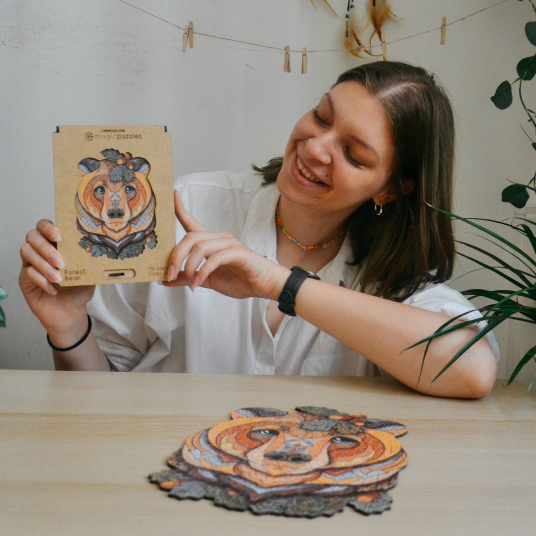 Forest Bear Wooden Jigsaw Puzzle for Adults and Kids | Laser Cut Premium Wood | Animal Shaped 3D Puzzle Pieces | Unique Gift