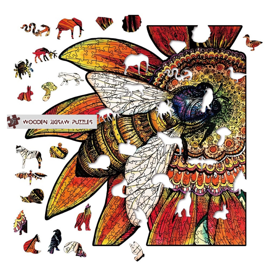 Bee and Flower Wooden Jigsaw Puzzle with Wood Box Packaging, Unique Gift for Kids and Adult, Nature Wildlife Floral Fauna Jigsaw Puzzles