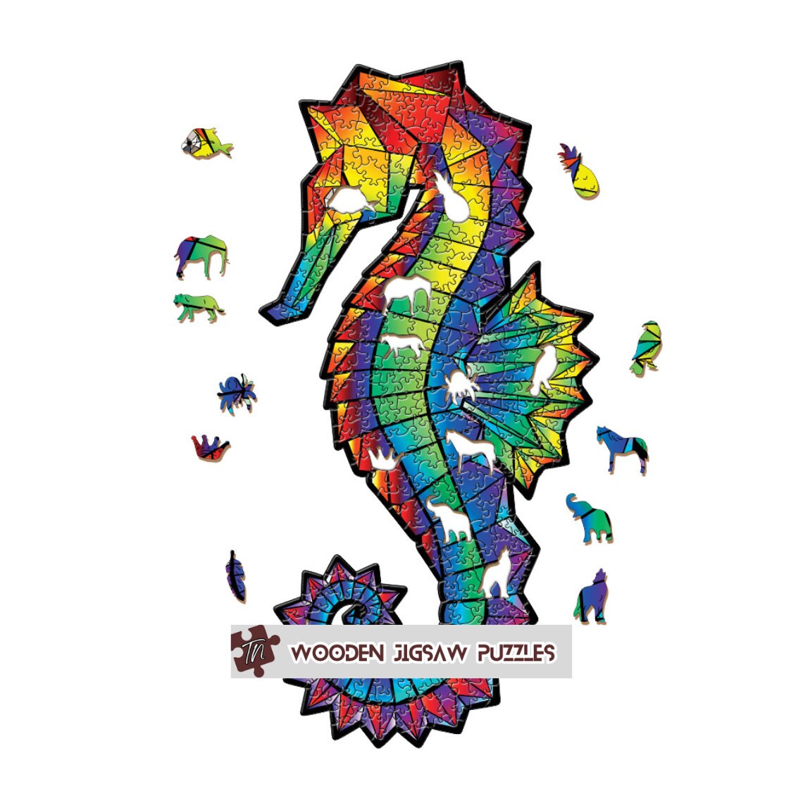 Seahorse Wooden Jigsaw Puzzle with Wood Box Packaging, Rainbow Pride Seahorses Puzzles for Kids Adult Friends Family Sea Animals Puzzle