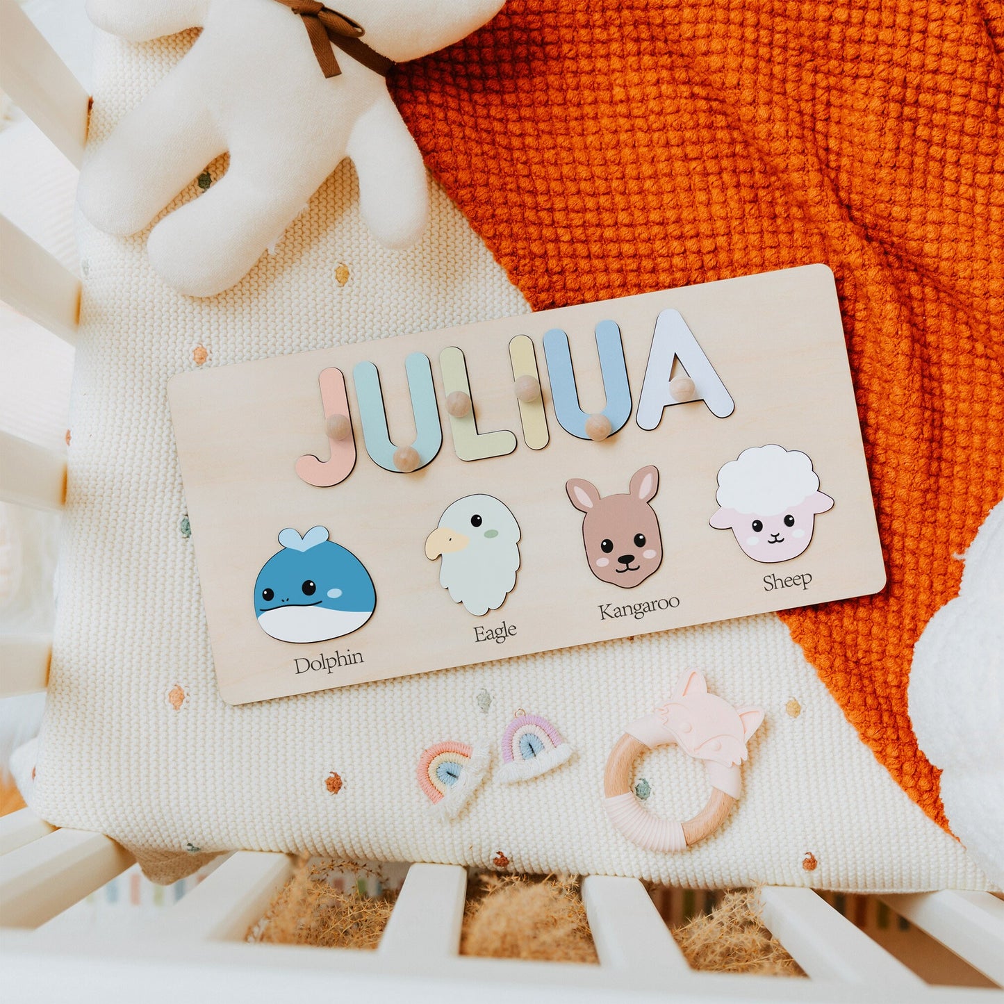 Custom Name Puzzle with Animals, Birthday Gift for Kids, Easter Gifts for Toddlers, Unique New Baby Gift, Wooden Name Puzzle for Boys