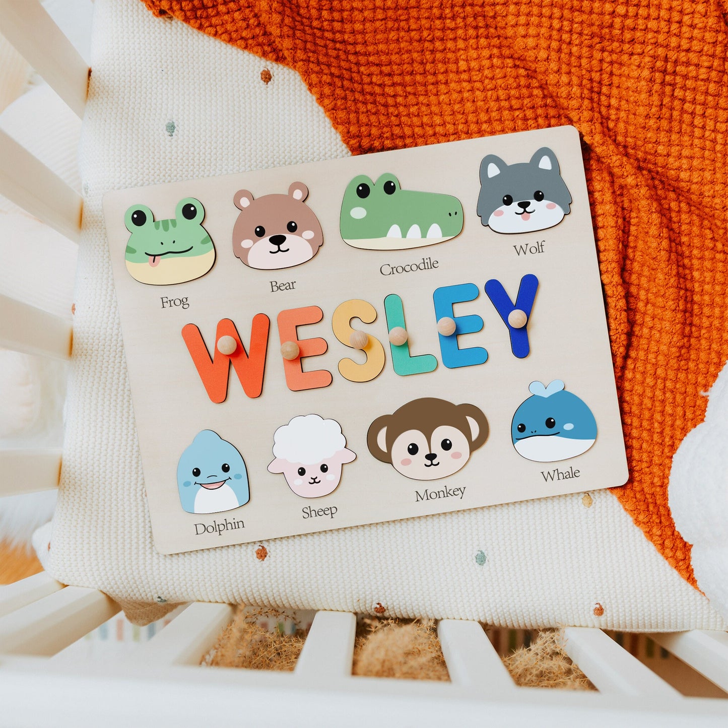 Custom Name Puzzle with Animals, Birthday Gift for Kids, Easter Gifts for Toddlers, Unique New Baby Gift, Wooden Name Puzzle for Boys