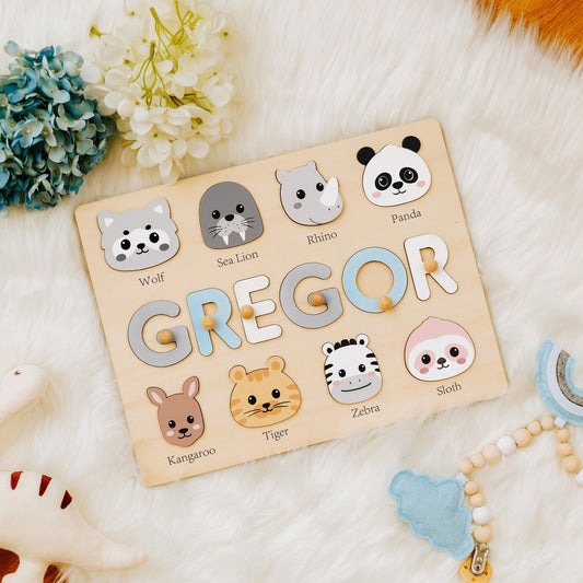 Custom Name Puzzle with Animals, Birthday Gift for Kids, Easter Gifts for Toddlers, Unique New Baby Gift, Wooden Name Puzzle for Boys