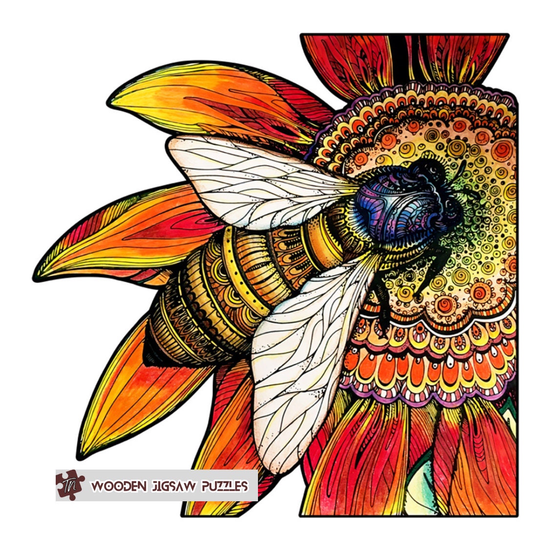 Bee and Flower Wooden Jigsaw Puzzle with Wood Box Packaging, Unique Gift for Kids and Adult, Nature Wildlife Floral Fauna Jigsaw Puzzles