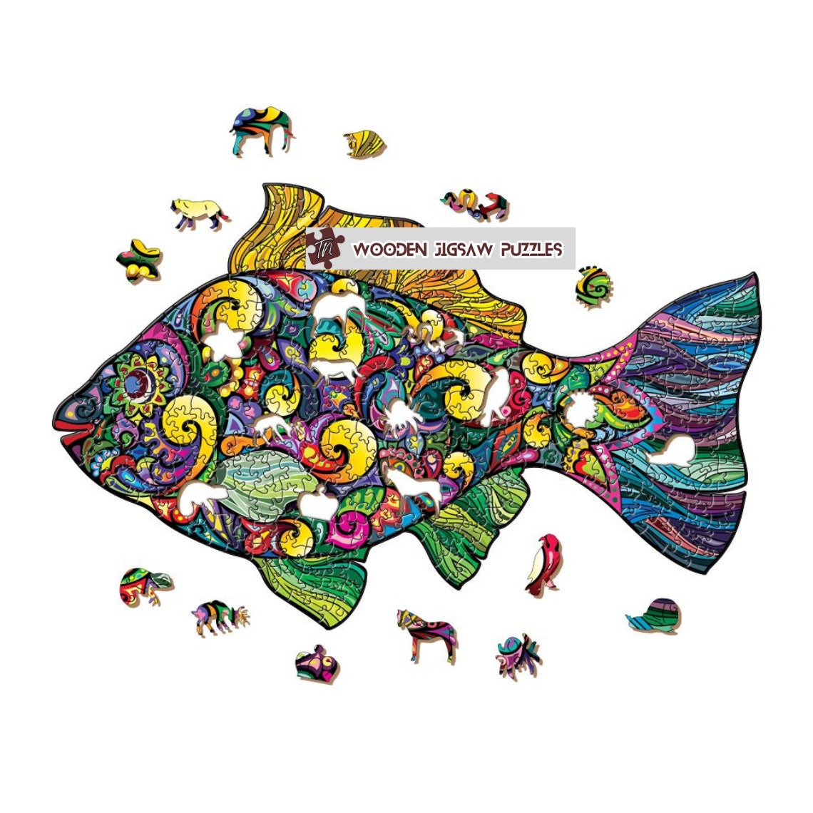 Fish Wooden Jigsaw Puzzle with Wood Box Packaging, Unique Gift for Kids, Adult, Friends Family Couple Games Colorful Fish DIY Jigsaw Puzzles