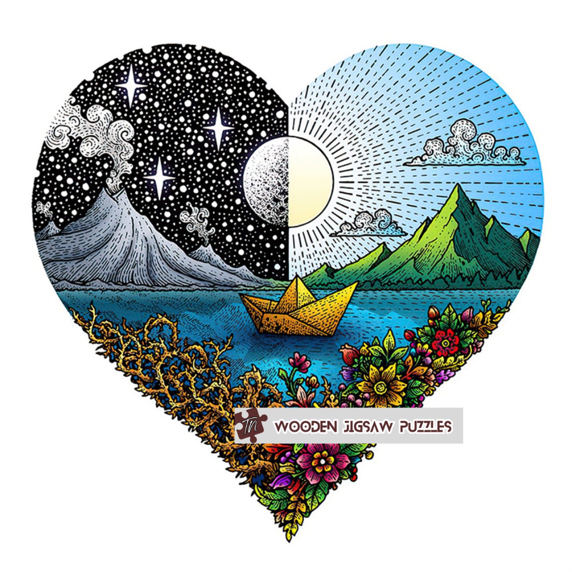 Heart Panorama Wooden Jigsaw Puzzle with Wood Box Packaging, Nature Adventure Mountain Lake, Day Night Jigsaw Puzzles Gift for Kids Adult