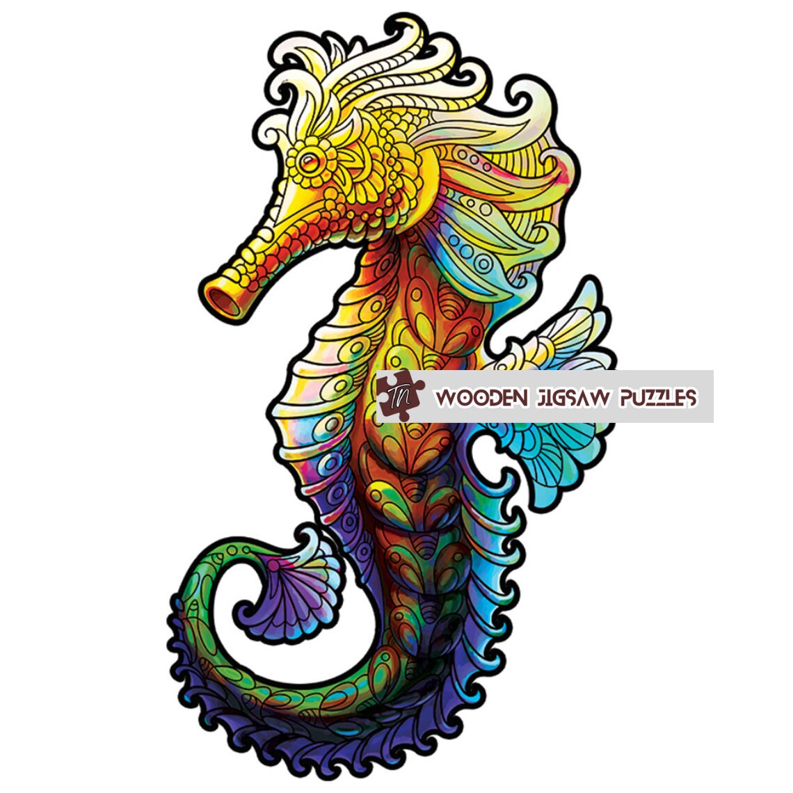 Seahorse Wooden Jigsaw Puzzle with Wood Box Packaging, Rainbow Pride Seahorses Puzzles for Kids Adult Friends Family Sea Animals Puzzle