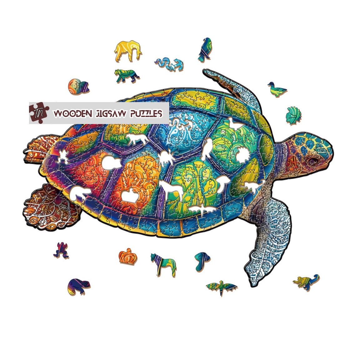 Rainbow Turtle Wooden Jigsaw Puzzle with Wood Box Packaging, Puzzles for Kids Adult Friends Family Christmas Birthday Surprised Gift Box