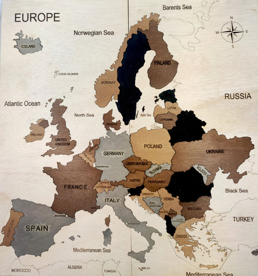 Europe wooden map puzzle. Ideal gift for school kids. Jigsaw Europe's map with boarders and countries names.