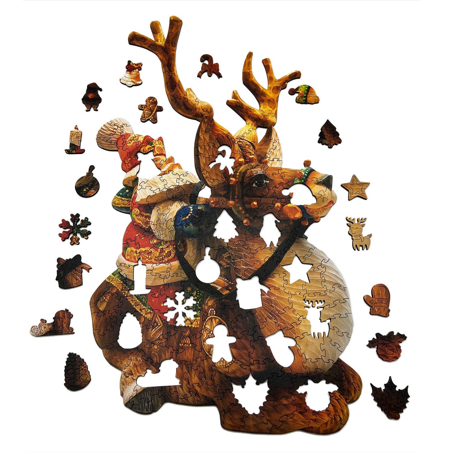 Christmas Santa on Deer Wooden Jigsaw Puzzle | Santa Puzzle | Laser Cut, Premium Wood, Unique Shape, for Adult and Kids, Big Size 200Pcs